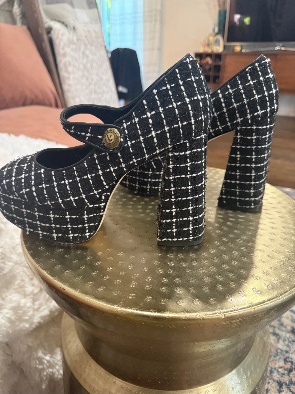 Larroude Black and White Tweed Mary Jane Platform Pumps